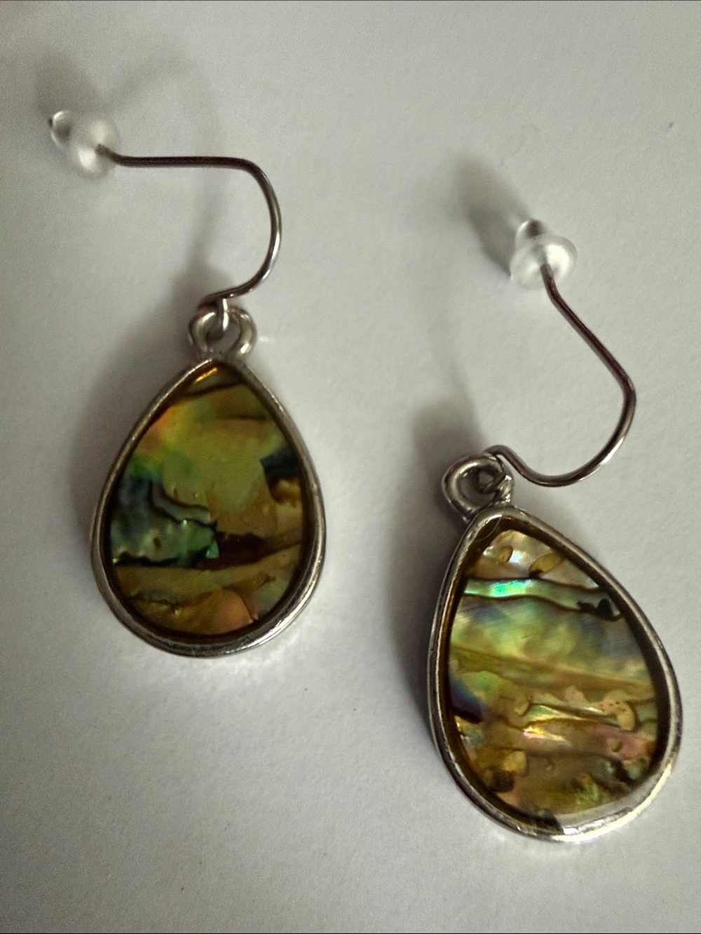Teardrop Abalone Shell Dangle Earrings - Iridescent Green Set in Silver tone